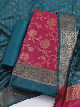 MEENA BAZAAR - Floral Woven Chanderi Pink Unstitched Kurta with Unstitched Pant and Dupatta