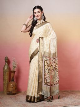 MEENA BAZAAR - Printed Georgette Cream Saree without Blouse