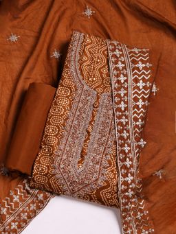 MEENA BAZAAR - Embroidered Cotton Rust Unstitched Kurta with Unstitched Pant and Dupatta