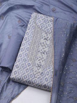 MEENA BAZAAR - Grey Embroidered Cotton Unstitched Kurta with Unstitched Pant and Dupatta
