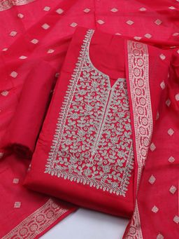 MEENA BAZAAR - Embroidered Cotton Pink Unstitched Kurta with Unstitched Pant and Dupatta