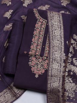 MEENA BAZAAR - Women Embroidered Cotton Purple Unstitched Kurta with Unstitched Pant and Dupatta