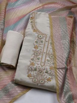 MEENA BAZAAR - Beige Women Embroidered Chanderi Unstitched Kurta with Unstitched Pant and Dupatta
