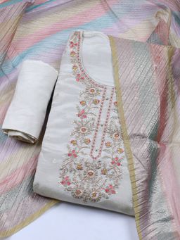 MEENA BAZAAR - Cream Women's Embroidered Chanderi Unstitched Kurta with Unstitched Pant and Dupatta