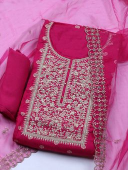 MEENA BAZAAR - Embroidered Chanderi Pink Unstitched Kurta with Unstitched Pant and Dupatta