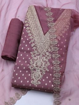 MEENA BAZAAR - Women's Embroidered Chanderi Pink Unstitched Kurta with Unstitched Pant and Dupatta