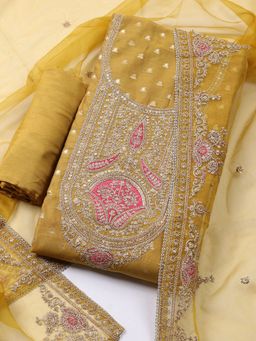 MEENA BAZAAR - Embroidered Chanderi Mustard Unstitched Kurta with Unstitched Pant and Dupatta