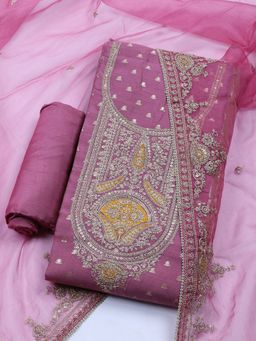 MEENA BAZAAR - Embroidered Pink Chanderi Unstitched Kurta with Unstitched Pant and Dupatta