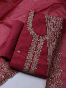 MEENA BAZAAR - Embroidered Chanderi Maroon Unstitched Kurta with Unstitched Pant and Dupatta