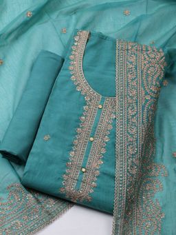 MEENA BAZAAR - Embroidered Chanderi Teal Unstitched Kurta with Unstitched Pant and Dupatta
