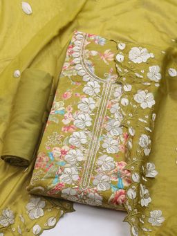 MEENA BAZAAR - Women Embroidered Cotton Olive Unstitched Kurta with Unstitched Pant and Dupatta