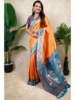 SGF11 - Orange Women's Kanjivaram Pure Soft Silk Saree with Unstitched Blouse