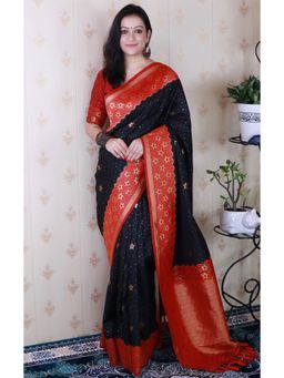 SGF11 - Black Women's Kanjivaram Pure Soft Silk Saree with Unstitched Blouse