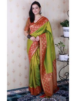 SGF11 - Women's Olive Kanjivaram Pure Soft Silk Saree with Unstitched Blouse