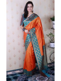 SGF11 - Women's Kanjivaram Orange Pure Soft Silk Saree with Unstitched Blouse