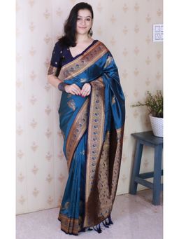 SGF11 - Women Blue Kanjivaram Pure Soft Silk Saree with Unstitched Blouse