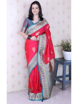 SGF11 - Women's Kanjivaram Pink Pure Soft Silk Saree with Unstitched Blouse