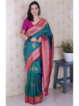 SGF11 - Green Women Kanjivaram Pure Soft Silk Saree with Unstitched Blouse
