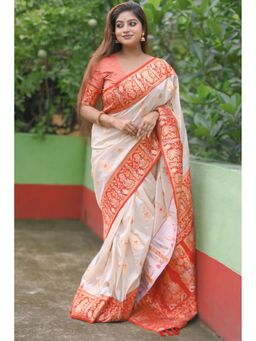 SGF11 - Women's White Kanjivaram Pure Soft Silk Saree with Unstitched Blouse