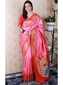 SGF11 - Women's Pink Kanjivaram Paithani Pure Soft Silk Saree with Unstitched Blouse