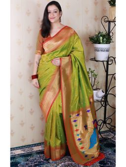 SGF11 - Women's Olive Kanjivaram Paithani Pure Soft Silk Saree with Unstitched Blouse