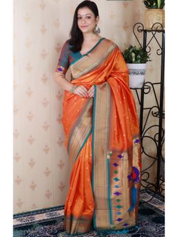 SGF11 - Orange Women's Kanjivaram Paithani Pure Soft Silk Saree with Unstitched Blouse