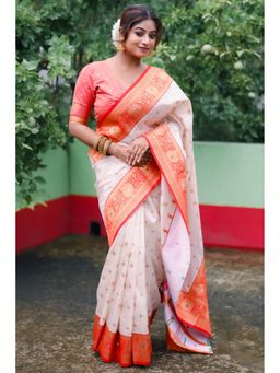 SGF11 - Women White Kanjivaram Pure Soft Silk Saree with Unstitched Blouse