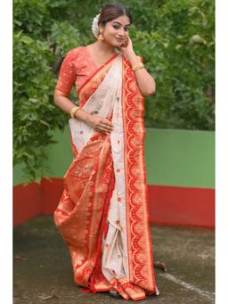 SGF11 - Women's White Kanjivaram Pure Soft Silk Saree with Unstitched Blouse