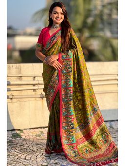 SGF11 - Women's Olive Kanjivaram Pure Soft Silk Printed Saree with Unstitched Blouse