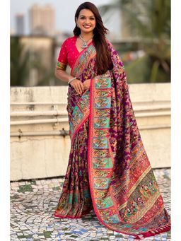 SGF11 - Women's Purple Kanjivaram Pure Soft Silk Printed Saree with Unstitched Blouse