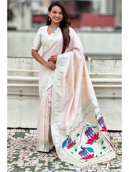 SGF11 - Women's Cream Kanjivaram Paithani Pure Soft Silk Saree with Unstitched Blouse