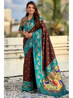 SGF11 - Women's Kanjivaram Brown Paithani Pure Soft Silk Saree with Unstitched Blouse