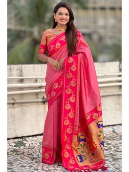 SGF11 - Pink Kanjivaram Women's Paithani Pure Soft Silk Saree with Unstitched Blouse