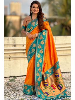 SGF11 - Women's Orange Kanjivaram Paithani Pure Soft Silk Saree with Unstitched Blouse
