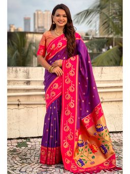 SGF11 - Women's Kanjivaram Purple Paithani Pure Soft Silk Saree with Unstitched Blouse