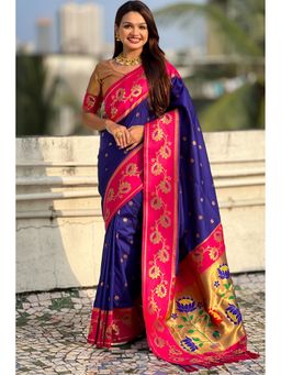 SGF11 - Women's Navy Blue Kanjivaram Paithani Pure Soft Silk Saree with Unstitched Blouse