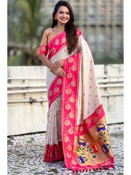 SGF11 - Women's White Kanjivaram Paithani Pure Soft Silk Saree with Unstitched Blouse