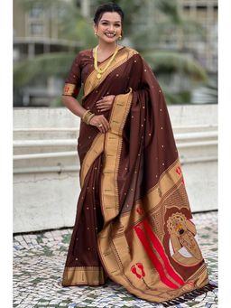 SGF11 - Women's Kanjivaram Paithani Brown Pure Soft Silk Saree with Unstitched Blouse