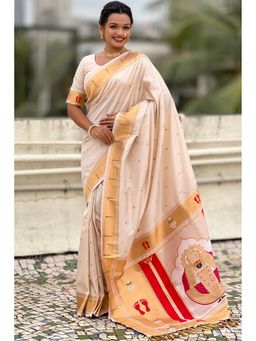 SGF11 - Women Cream Kanjivaram Paithani Pure Soft Silk Saree with Unstitched Blouse