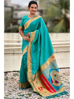 SGF11 - Women's Kanjivaram Blue Paithani Pure Soft Silk Saree with Unstitched Blouse