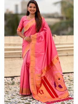 SGF11 - Pink Kanjivaram Women Paithani Pure Soft Silk Saree with Unstitched Blouse