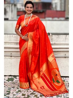 SGF11 - Women Orange Kanjivaram Paithani Pure Soft Silk Saree with Unstitched Blouse