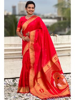 SGF11 - Women's Red Kanjivaram Paithani Pure Soft Silk Saree with Unstitched Blouse