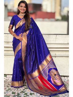 SGF11 - Women's Navy Blue Kanjivaram Paithani Pure Soft Silk Saree with Unstitched Blouse