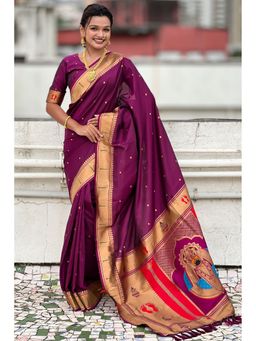 SGF11 - Women's Kanjivaram Wine Paithani Pure Soft Silk Saree with Unstitched Blouse