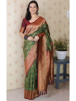 SGF11 - Women Kanjivaram Pure Soft Silk Green Saree with Unstitched Blouse