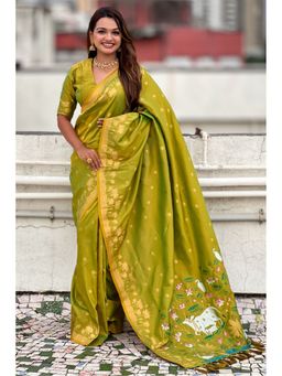 SGF11 - Olive Women's Kanjivaram Pure Soft Silk Saree with Unstitched Blouse