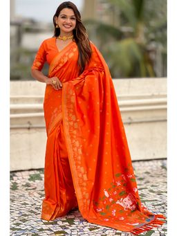 SGF11 - Women's Orange Kanjivaram Pure Soft Silk Saree with Unstitched Blouse