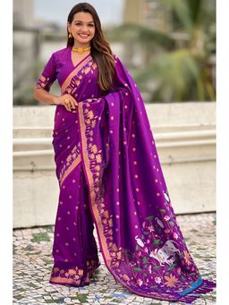 SGF11 - Women's Kanjivaram Purple Pure Soft Silk Saree with Unstitched Blouse