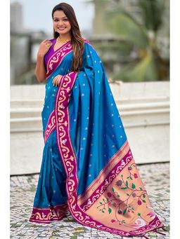 SGF11 - Women's Kanjivaram Paithani Blue Pure Soft Silk Saree with Unstitched Blouse